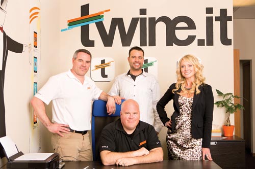 From left, Jon Hawker, Aaron Harwell (Seated), Ron Durbin and Julia Johnston of local startup Twine.it. Toledo Free Press photo and cover photo by Michael Nemeth
