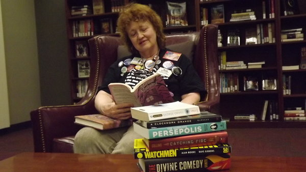 Paulette Kilmer of University of Toledo's Banned Books Week Virgil. Toledo Free Press Photo by Russ Axon