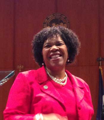 Toledo Mayor Paula Hicks-Hudson reacts to cheers from the crowd following her swearing in ceremony Feb. 17. Toledo Free Press photo by Sarah Ottney