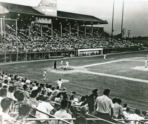 Toledo Vice Mayor Ned Skeldon led the effort to bring professional baseball back to Toledo, pushing for the transformation of a former Maumee racetrack into a ballpark. the stadium was later named after him. Ned Skeldon Stadium, 1982, courtesy Toledo-Lucas County Public Library, obtained from Images2.toledolibrary.org